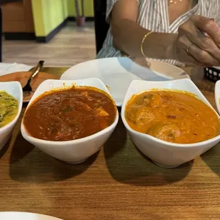 Dhaniya, Vindaloo, Kofta, Dal (left to right)