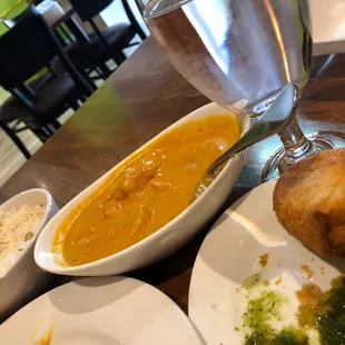 Veggie samosa and Chicken Kerala Curry.
