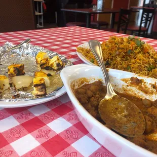 Paneer Tikka Dry, vegetable biryani and Chana Masala