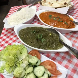 Palak Paneer (green) Butter Chicken (red)  Basmati Rice Plain Naan