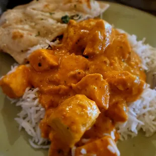 Chicken Tika Masala with basmati rice and garlic naan.