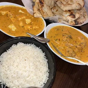 Tikka masala, makni, naan, and rice