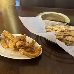 Onion pakora and garlic naan.