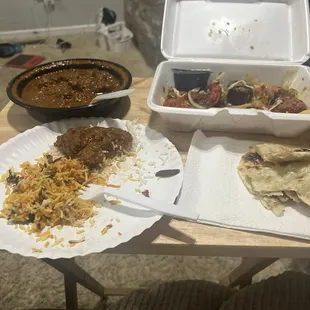 Curry, rice and mixed meats.