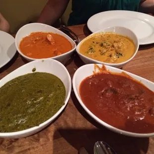 Zaika&apos;s paneer sag, chicken tikki marsala, chicken tikki dhaniya, and lamb vindaloo - all delicious.