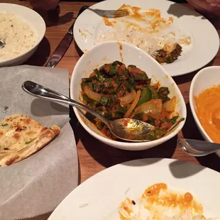 Garlic naan, Khatta Bhindi, Kofta Keshari