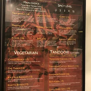 the menu of the restaurant