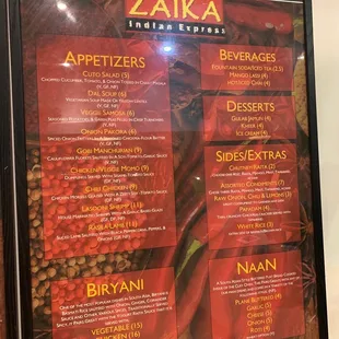 the menu of the restaurant