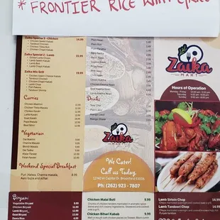 a menu for the restaurant