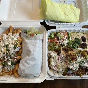 Greek fries, gyro, chicken plate.