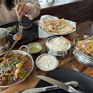 Goat Biryani, Chicken Karahi and Garlic Naan