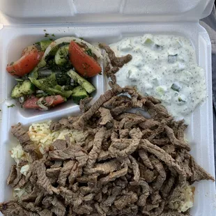 Beef Shawarma w/Rice, Mediterranean Salad and Cucumber Yogurt Salad