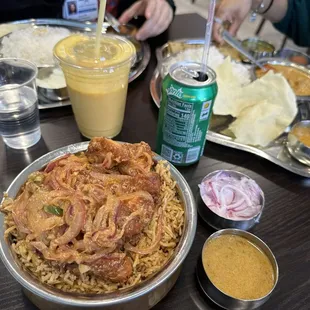 Chicken 65 Biriyani, Mango Lassi, Chicken Thali