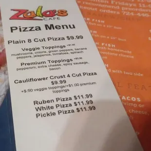 a menu for a pizza