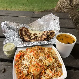 Chicken biriyani and daal!