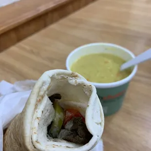 Lentil soup and Meat Shawarma Wrap