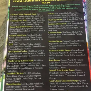 Menu for sandwiches and burgers