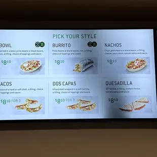 a menu on a large screen