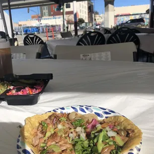 Cuero (tender pig skin), carnitas tacos@3.00