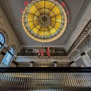 a stained glass dome in a building
