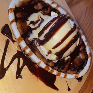 Skillet cookie with vanilla ice cream
