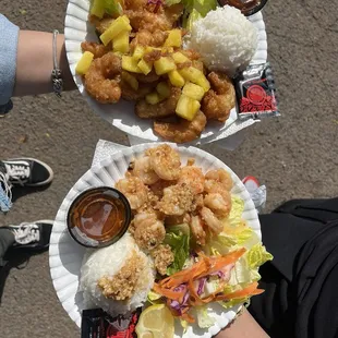 Garlic shrimp and pineapple coconut shrimp plate.