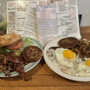 Brunch , BLT+egg on a bagel, eggs over easy with home fries