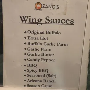 menu for wine sauces
