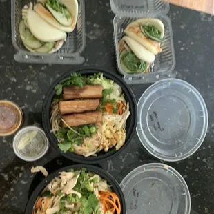 Sriracha Mayo Shrimp Bun, Pork Belly Bun, Drunken Noodles, Mee Lao