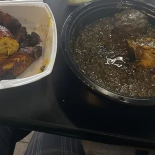 Palava sauce and fried plantain.