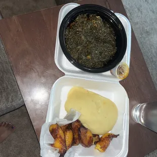 Potato Greens, Fried Plantain, fufu