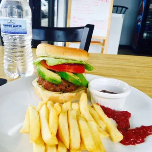 Avocado Turkey burger with season fries.