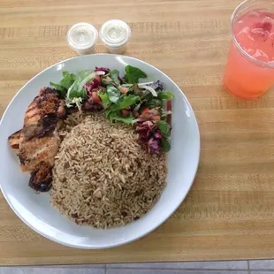 The popular corn beef rice, Kru Coast grilled Salmon and house salad.