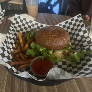 The Vegan Burger, Hand Cut French Fries, Iced mocha