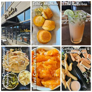 Catfish Fingers, Salmon Bites, Turkey Chops (w House Potatoes &amp; Collard Greens), Baked Candied Yams, and The Zanzibar.