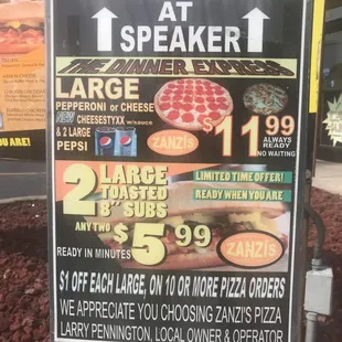 a large pizza order sign