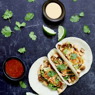 Chicken Tacos the Zao Way. Korean Red + Chili Lime Aioli. (Gluten-free, vegan, keto options available). Ask about catering tacos!