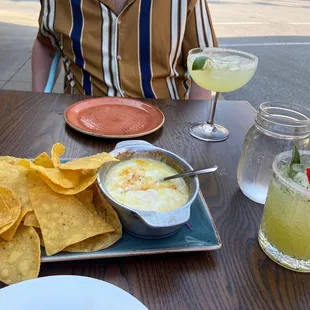 Queso dip, House Margarita (back), another cocktail of which I forget the name but had Mezcal, Pineapple and chili