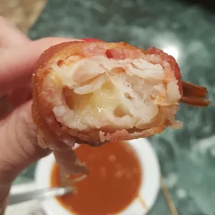 Cheese stuffed shrimp, wrapped in bacon.