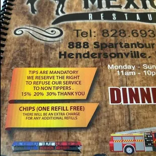 Horrible service. Mini review stating this fact. First time I&apos;ve refused to leave a tip. See their menu cover.