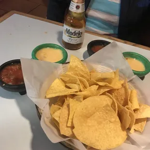 Chips with salsa and queso. Drool!