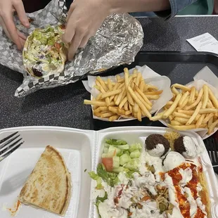 a person eating a sandwich and french fries