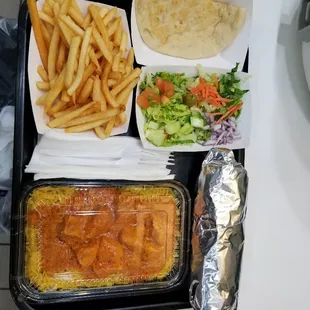 Chicken curry,side salad, fries and lamb gyro