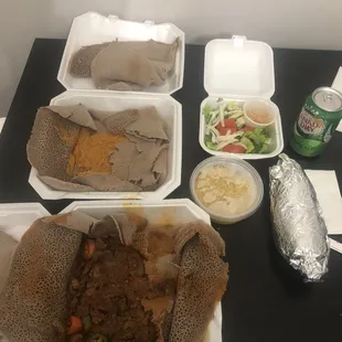 Lamb, yellow Lentils, Shiro Side, Extra Injera, Salad