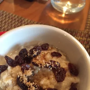 Oatmeal, with canela (fresh Mexican cinnamon sticks), Brown sugar, and raisins
