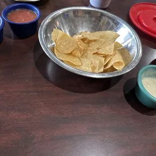 Chips, Salsa, Queso, and Tortillas