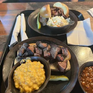 Limited Reserve Burnt Ends by Zarda (beef) and Sausage sandwich, Zarda Beans and Cheesy Corn