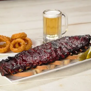 Zarda Ribs, onion rings, and beer