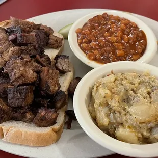 Burnt end plate with beans and potato bake