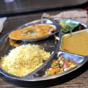 Chicken Tikka, rice, daal, salad